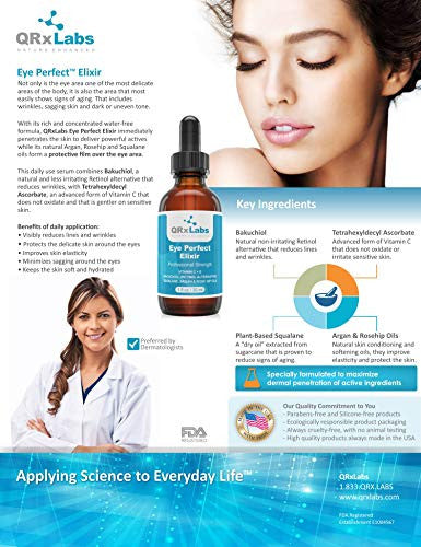 Qrxlabs Eye Perfect Elixir - With Bakuchiol (Retinol Alternative) Pure Argan And Rosehip Oils Squalane Vitamin C & E - Best Anti-Aging Treatment Serum For Bags Puffiness Wrinkles Crow Feet