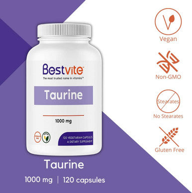 Bestvite Taurine 1000mg (120 Vegetarian Capsules) - No Stearates - No Fillers - No Flow Agents - Vegan - Non GMO - Gluten