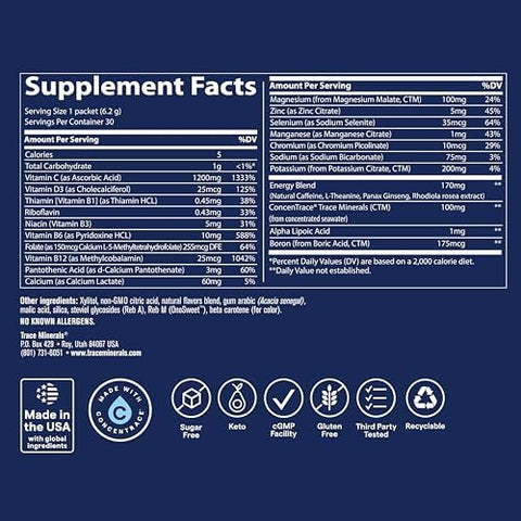 Trace Minerals Power Pak Vitamin C Energy Drink Mix Orange Mango Electrolyte Powder with Vitamin C and B Vitamins 30 Stick Packs (30 Servings)
