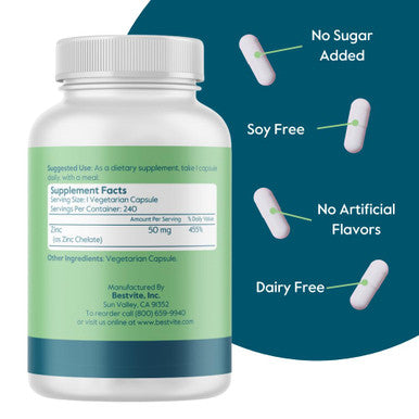 BESTVITE Zinc Chelate 50mg (480 Vegetarian Capsules) (240 x 2) - No Stearates - Vegan - Non GMO - Gluten Free