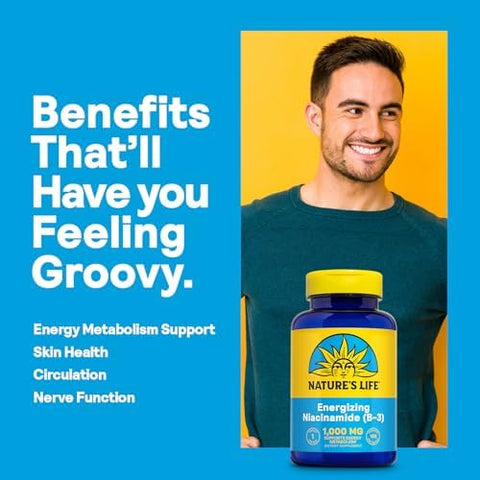 Nature's Life Energizing Niacinamide Vitamin B3 1000mg High Potency No Flush Niacin Supplement Nerve Function Energy and Metabolism Support 60Day 100 Servings 100 Tablets