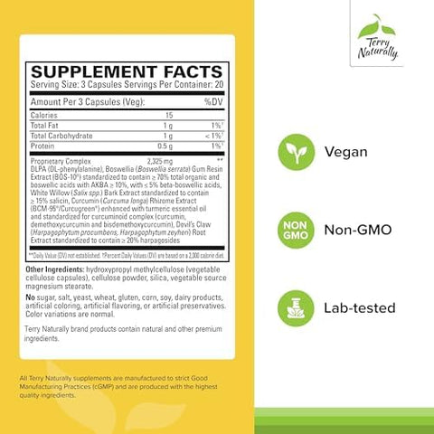 Terry Naturally Curamin Low Back Pain Relief 60 Capsules With Curcumin Boswellia & Dlpa Nongmo Vegan Gluten 20 Total Servings