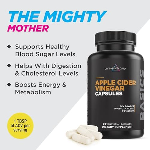 Livingood Daily Apple Cider Vinegar Capsules With The Mother (1500Mg) - Acv Pills With Probiotics & Potassium For Women & Men - Supports Gut Health Digestion Appetite & Weight - Vegan 90 Capsules
