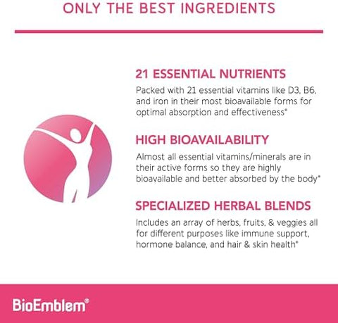 BioEmblem Women's Multivitamin Complete Daily Multi for Immunity Energy Hair Skin with Vitamin A B12 B6 D3 Biotin Iron Magnesium Collagen and Veggie Blends Gluten Free 90 Capsules