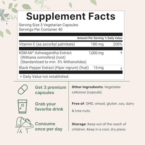 Micro Ingredients Ksm-66 Ashwagandha 1000Mg Per Serving 120 Veggie Capsules With Black Pepper For Better Absorption & Fat Soluble Vitamin C Potent Root Extract Stress Relaxation & Sleep Support Filler Free