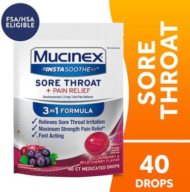Mucinex Instasoothe Sore Throat Relief Sore Throat Lozenges Sore Throat Medicine With Hexylresorcinol Cough Drops Alternative 40 Elderberry & Wild Cherry Medicated Numbing Throat Drops