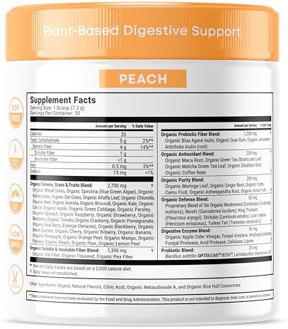Terra Kai Organics JaoCe Belly Bliss Peachy Greens 30 Servings Probiotics + Greens Bloating Support With Plantbased Digestive Enzymes Dietary Supplement Powder By Terra Kai Organics
