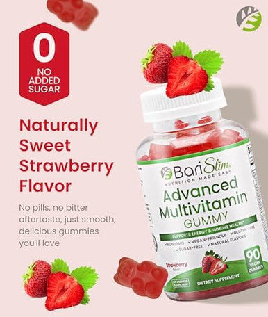 Barislim Advanced Bariatric Multivitamin Gummies - Specially Formulated Bariatric Vitamins For Patients After Weight Loss Surgery - Supports Energy & Immune Health Strawberry (90 Vegan Gummies)