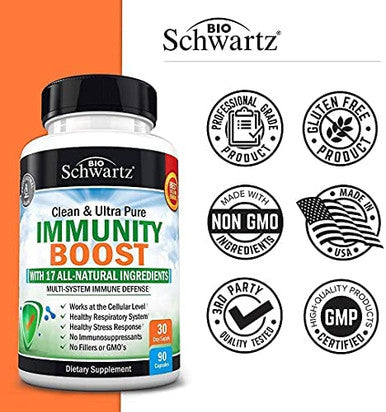 Immune Support Supplement with Vitamin C 1000mg Zinc Elderberry Ginger Beta Carotenes Immunity Boost for Adults Natural Immune Defense Antioxidant Vitamins by BioSchwartz 90 Capsules