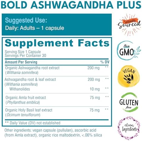 Bold Botanica Ashwagandha Plus Stress Mood Memory & Energy Support Potent Extracts Of Root And Leaf With Amla & Holy Basil Triple Adaptogenic Formula One Capsule Daily 30 Vegan Caps