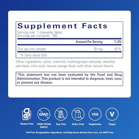 Pure Encapsulations Zinc Chewables Supplement For Immune System Support Growth And Development And Wound Healing 100 Chewable Tablets Natural Orange Flavor