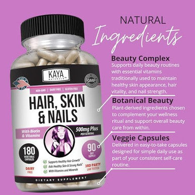 Kaya Naturals Hair Skin Nail Capsules BIOTIN Vitamin D Vitamin B-12 A Folic Acid Support Hair Support Vitamin Supplement