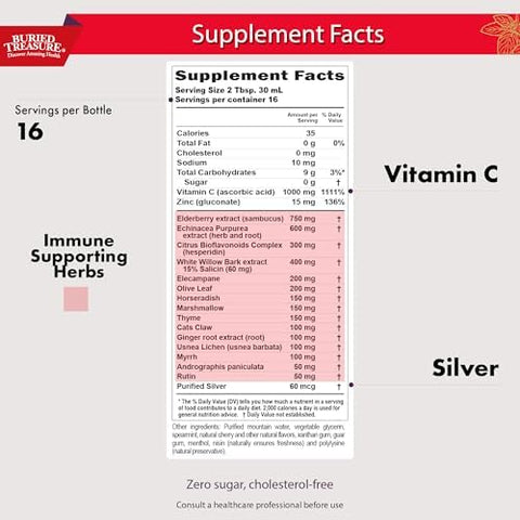 Buried Treasure Acf Extra Strength Liquid Immune Support " 1000Mg Vitamin C Elderberry Zinc & Ecea " Shortterm Adult Wellness Supplement 16 Fl Oz