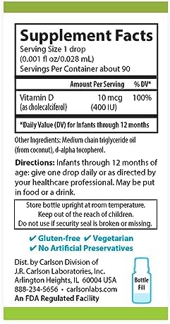 Carlson Baby's PlantBased Super Daily D3 Baby Vegetarian Liquid Vitamin D Drops 400 IU (10 mcg) per Drop Sourced from Algae for Infants and Toddlers Unflavored 90 Drops (2.54 mL)