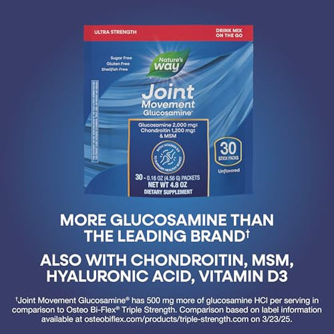 Nature'S Way Joint Movement Glucosamine Drink Mix Ultra Strength Glucosamine Msm Hyaluronic Acid Vitamin D3 Supports Bones Muscles Cartilage No Sugar Joint Support 30 Unflavored Packets