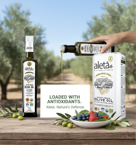 Aleta, USDA Organic Greek Extra Virgin Olive Oil, EU Certified Single Estate PDO Greece, 1 Lt (33.8 oz.) Tin, Kosher EK, Pack of 1