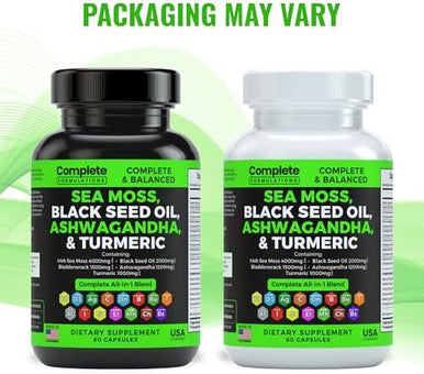 4000Mg Sea Moss Supplement Blend With Black Seed Oil 2000Mg Ashwagandha 1200Mg Turmeric 1000Mg Bladderwrack 1500Mg, Burdock 1000Mg & Vitamin C & D3 With Elderberry Manuka Dandelion Yellow Dock Iodine