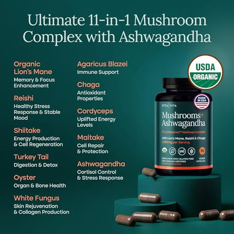 Etta Vita Usda Organic Lions Mane Supplement Capsules With Ashwagandha Chaga Reishi Cordyceps Turkey Tail - 10X Adaptogenic Mushroom Complex As Focus Supplement - Energy Immunity & Nootropic