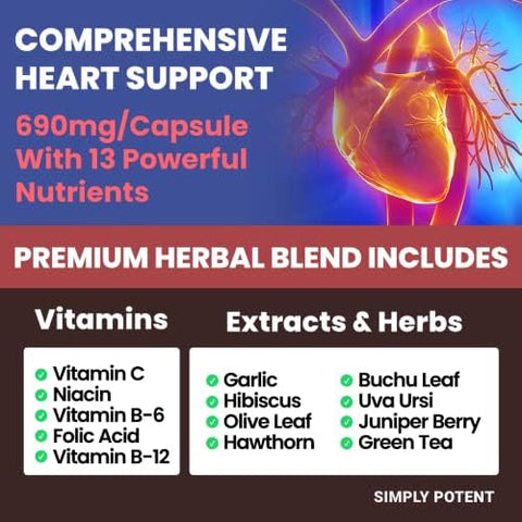 Simply Potent Blood Pressure Support Supplements Healthy Heart Cholesterol Cardio Hypertension High Bp 13 Vitamins & Herbs Folic Acid Vitamins C B6 & B12 Hawthorn Olive Leaf Garlic Hibiscus 90 Capsule