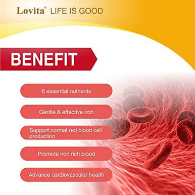 Lovita Iron 18 Mg, 6 In 1 Iron Supplement For Women, Vitamin C, Dong Quai & B12, Vegan Vitamin To Support Red Blood Cell Production Without Constipation, 120 Capsules
