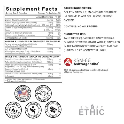 Sweat Ethic Victress Hormone Balance Support For Women With Ksm-66 Ashwagandha Dim Biotin Folic Acid Dandelion Root Cayenne Pepper & Vitamin D3 Daily Wellness Formula 90 Easy To Take Capsules