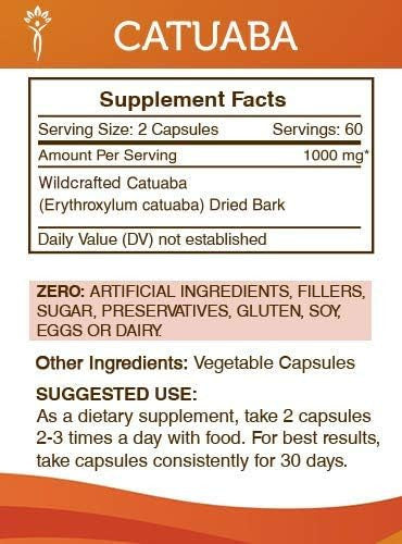 Secrets of the Tribe Catuaba 120 Capsules, 1000 mg, Wildcrafted Catuaba (Erythroxylum catuaba) Dried Bark (120 Capsules)