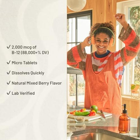 KAL Vitamin B12 Methylcobalamin and Adenosylcobalamin 2000 mcg ActivMelt B12 Energy Supplements Metabolism Nerve Red Blood Cell Support High Absorption Natural Berry 60 Serv 60 Micro Tablets