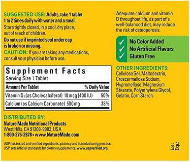 Nature Made Calcium 500 Mg With Vitamin D3, Dietary Supplement For Bone Support, 130 Tablets