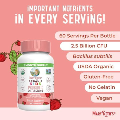 MARYRUTH'S Organics Multivitamin and Probiotic Gummies (Strawberry) for Kids Clean Label Project Verified Vitamins for Gut Health Immunity and Overall Wellness Vegan NonGMO Gluten Free