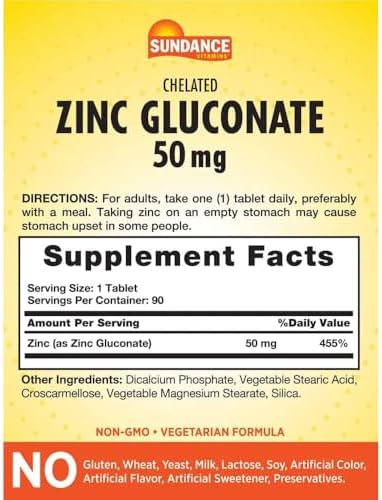 Sundance Vitamins Chelated Zinc 50 mg (Gluconate) 90 Tablets Pack of 2