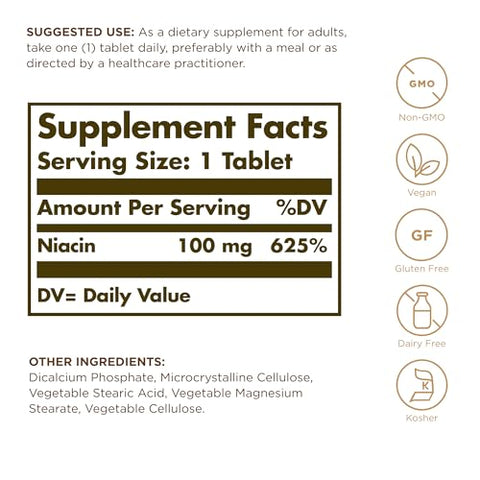 Solgar Niacin (Vitamin B3) 100 Mg - 100 Tablets - Supports Energy Metabolism - Non-Gmo Vegan Gluten Free Dairy Free Kosher 100 Servings