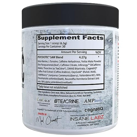 Insane Labz Psychotic Saw High Stim Pre Workout Powder With Oxygold And Ampiberry Extreme Lasting Energy With Teacrine Focus With Cognitiq And Endurance (30 Servings Fruit Punch)
