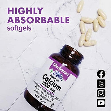 Bluebonnet Nutrition Milk Calcium 1200 Mg Plus Vitamin D3 400 Iu High Potency Maximum Absorption Strong Healthy Bones & Immune Health Support Supplement Gluten Dairy 120 Softgels