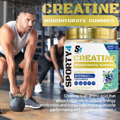 Sporty4 CREATINE Gummies Ultra + BCAA 8000mg | 120 Gummies of Creatine Monohydrate | BCAA | L Carnitine | Vitamin B6 and B12. Pre Workout Muscle Recovery Supplement for Men and Women Blueberry Flavour.