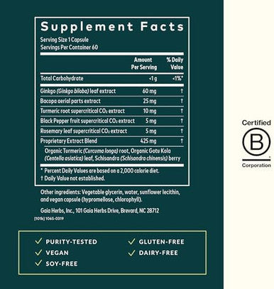 Gaia Herbs Agile Mind Brain & Cognitive Support Herbal Supplements With Organic Turmeric Root Bacopa Black Pepper And Ginkgo Biloba 60 Vegan Liquid Phytocapsules (30Day Supply)