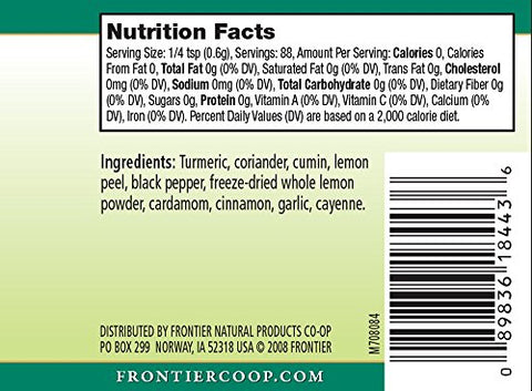 Frontier Co-op Indian Curry Seasoning, 1.87 Ounce Bottle, Complex Flavor with Turmeric, Coriander and Lemon