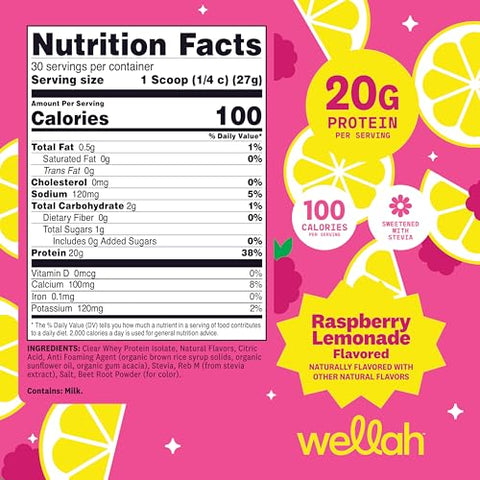 Wellah Clear Whey Protein Isolate Powder (Raspberry Lemonade) 30 Servings - 20G Of Protein 100 Calories Sweetened With Stevia