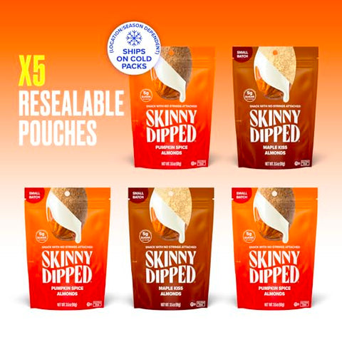SkinnyDipped Maple Kiss and Pumpkin Spice Almonds Variety Pack Bundle, Healthy Snack, Plant Protein, Gluten Free, 3.5 oz Resealable Bags, Pack of 5, Limited Edition