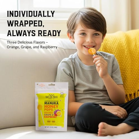 Taylor Pass Honey Co MÃ„Ânuka Honey Pops UMFÃ¢â€žÂ¢ 10+ | Manuka On-the-Go Lollipops for Kids & Adults | Sore Throat & Immune Support | 13 Individually Wrapped | Orange, Grape, Raspberry | Made in New Zealand