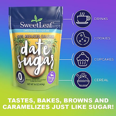 SweetLeaf 50% Reduced Calorie Date Sugar with Allulose, Stevia and Monk Fruit Extract - All Purpose Natural Sweetener, Non GMO, Vegan, Gluten Free, Only 8 Calories Per Serving - 16 Oz