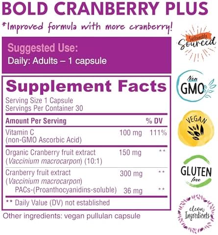 Bold Botanica Bold Cranberry Plus 36 Mg Pacs 100% Soluble PacUrinary Tract Uti Support- Cranberry Pills For Women & Men- With Non-Gmo Vitamin C 30 Vegan Capsules