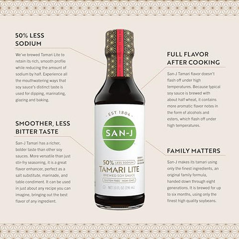San-J - Gluten Free Tamari Lite Soy Sauce with 50% Less Sodium - Made with 100% Soy - Specially Brewed - 64 oz. Container