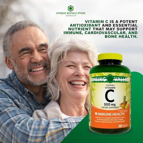 Vitamin C 500mg Tropical Fruit Flavor 200 Count Tablets Chewable Vitamin C Dietary Supplement + 7 Day Pill Organizer Included (Pack of 2)