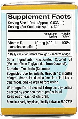California Gold Nutrition Baby Vitamin D3 By Liquid D3 Supplement For Babies Vegetarian Friendly Alcohol & Gluten Nongmo 10 Mcg (400 Iu) 0.34 Fl Oz (10 Ml)
