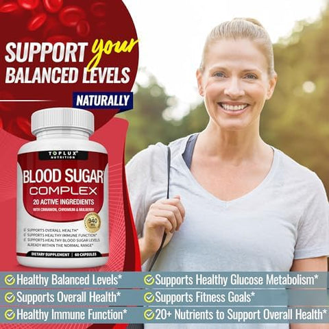Toplux Blood Sugar Complex Supplement Supports Healthy Blood Sugar Levels Already Within Normal Range All Natural With Cinnamon Bitter Melon Chromium Mulberry Alpha Lipoic Acid Nongmo 60 Capsules