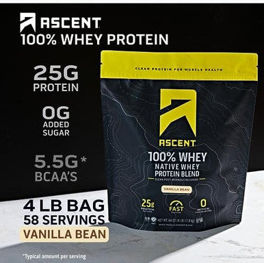 Ascent 100% Whey Protein Powder, Vanilla Bean 4 Lb & Creatine Monohydrate Powder, Unflavored 45 Servings