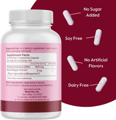 Bestvite DIM (Diindolylmethane) 400mg with Bioperine (120 Vegetarian Capsules) - No Stearates - No Gelatin - Vegan - Non GMO - Gluten