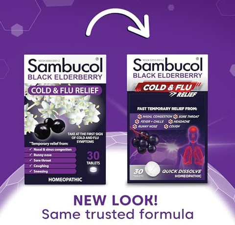 Sambucol Cold And Flu Relief Tablets - Homeopathic Cold Medicine Cold Remedy For Adults Black Elderberry For Colds Zinc Cold Remedy - 30 Count