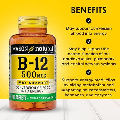 Mason Natural Vitamin B12 250 Mcg With Calcium Healthy Conversion Of Food Into Energy Supports Nerve Function And Health 100 Tablets