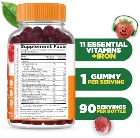 Lifeable Kids Multivitamin with Iron Gummies Great Tasting Vitamins for Kids Vegetarian NonGMO Childrens Multivitamin 90 Gummies